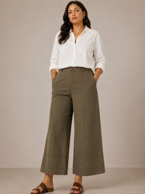 SPANX Pants - SPANX Olive Green Wide Leg Crop Pants High Rise Pull-On Casual Chic. Size large